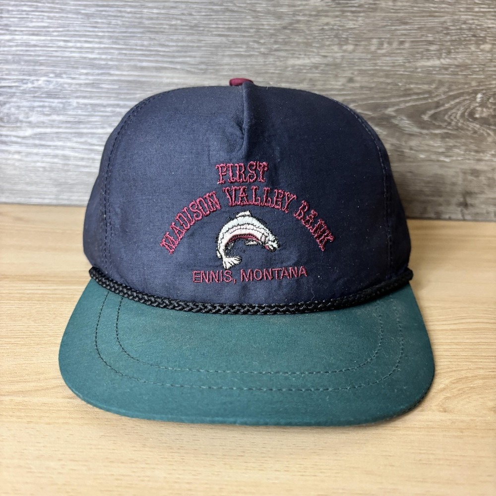 Vintage First Madison Valley Bank Hat Cap Snap Back Navy Green Fishing Mens 90s